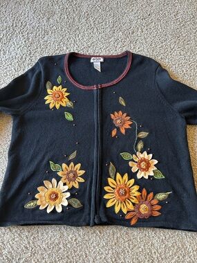 Vintage Tiara Women’s Sunflower Embroidered Cardigan Knit Full Zip, 1X